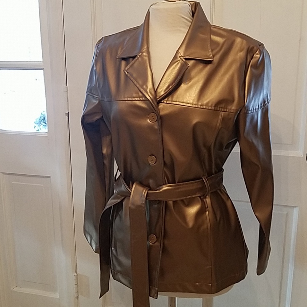 Gold Faux Leather Belted Jacket
